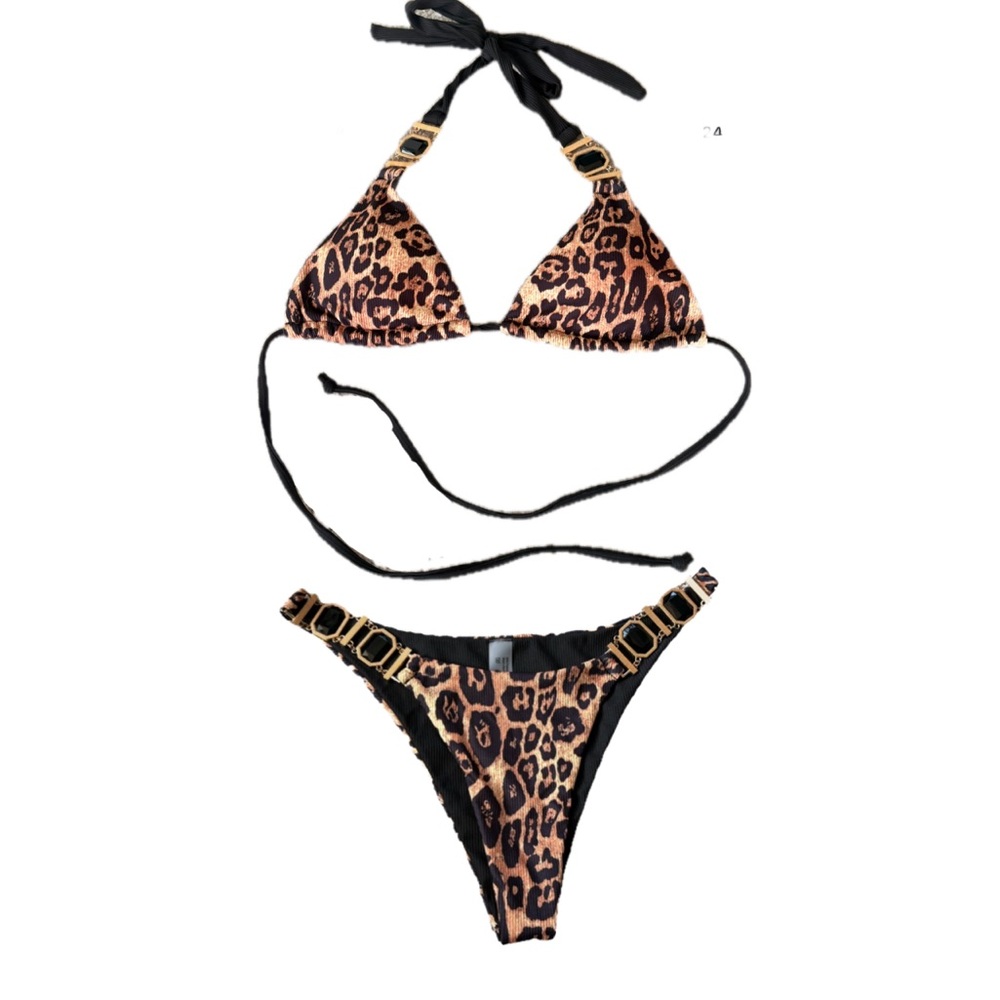 SHEIN Leopard Print Tie Halter Bikini Set in Brown and Black